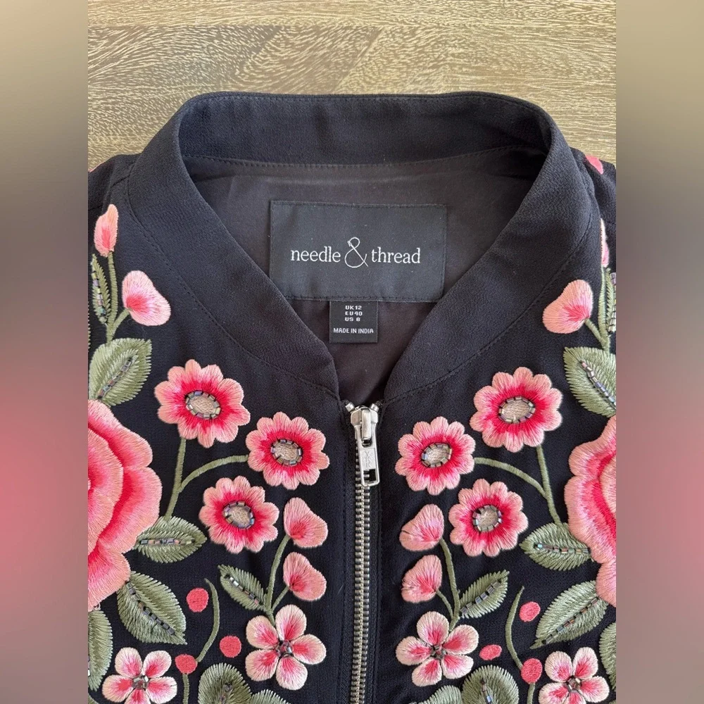 Needle & Thread Embroidered Rose Bomber Floral Crepe Jacket Size US 8 - Picture 7 of 16